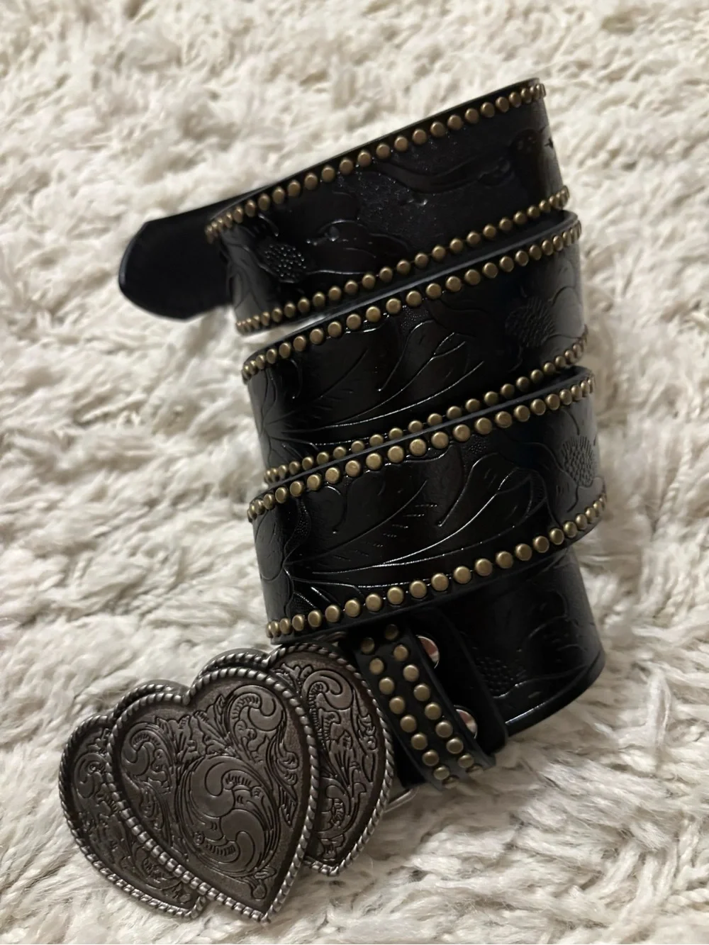 Men’s Vintage Black Leather Studded Embossed Belt with Heart Buckle Size L/XL
